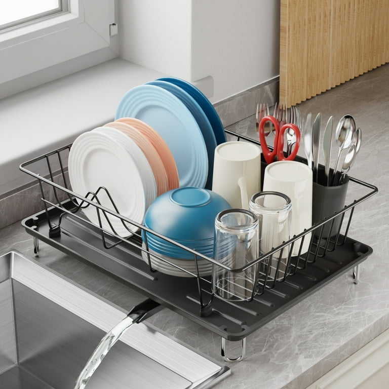 Ispecle Dish Drying Rack with Drainboard Black Compact Size