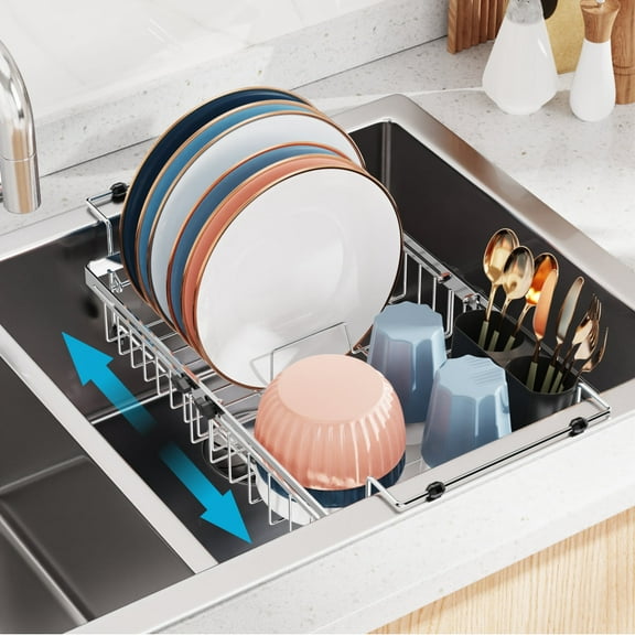 iSPECLE Expandable in Sink Dish Drying Rack - Capacity Adjustable Stainless Steel Over The Sink Dish Drainer with Lock Knob and Utensil Holder for Kitchen Sink, 10.8"~17.9" L x 12.7" W, Silver