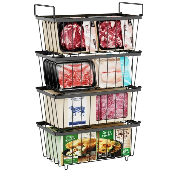 iSPECLE Freezer Organizer Bins - 4 Pack Stackable Freezer Baskets for 7 Cu.FT Chest Freezer Add More Space Chest Freezer Organizer with Handles Easily Sort and Get Food from the Bottom, Black