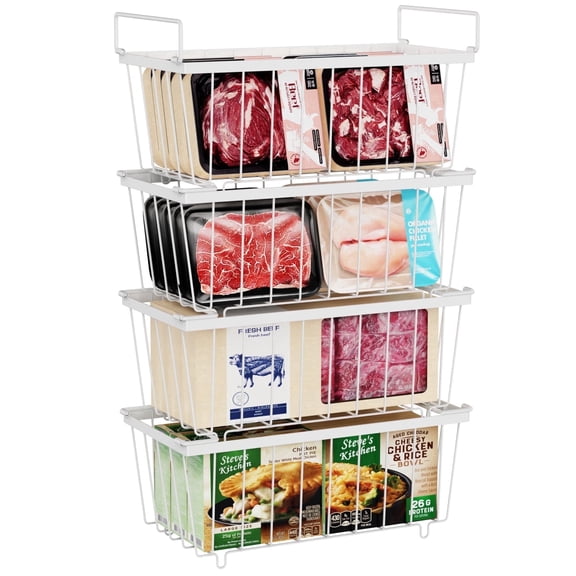 iSPECLE Freezer Organizer Bins - 4 Pack Stackable Freezer Baskets for 7 Cu.FT Chest Freezer Add More Space Chest Freezer Organizer with Handles Easily Sort and Get Food from the Bottom, White