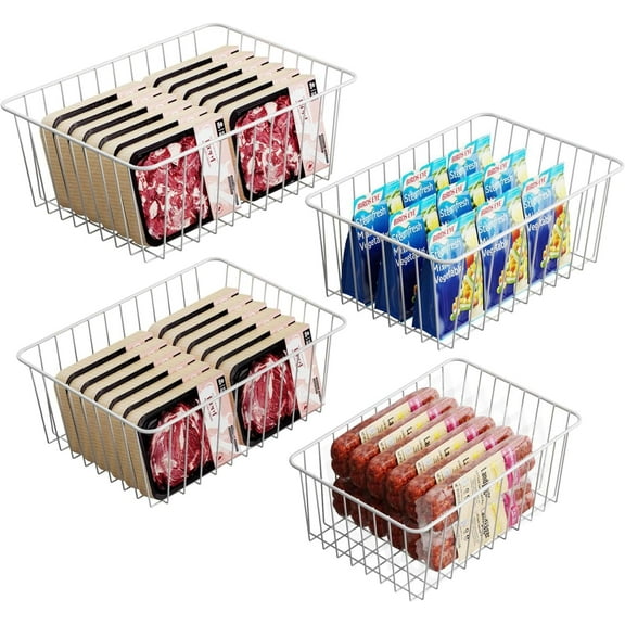 Freezer Organizer Bins - 4 Pack Upright Freezer Baskets for 16/17 / 21 Cu.Ft Stand up Freezer, Easily Get Food, Stop Food Fall out from Freezer Better Ventilation, 2 Large 2 Medium, White