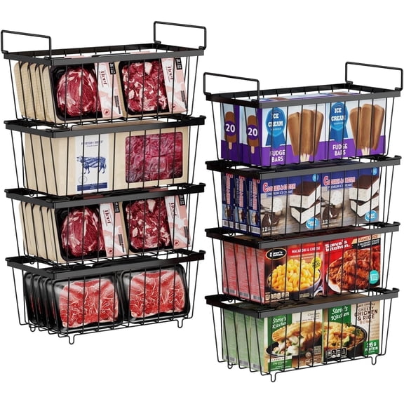 iSPECLE Freezer Organizer Bins - 8 Pack Stackable Freezer Baskets for 7 Cu.FT Chest Freezer Add More Space Chest Freezer Organizer with Handles Easily Sort and Get Food from the Bottom, Black