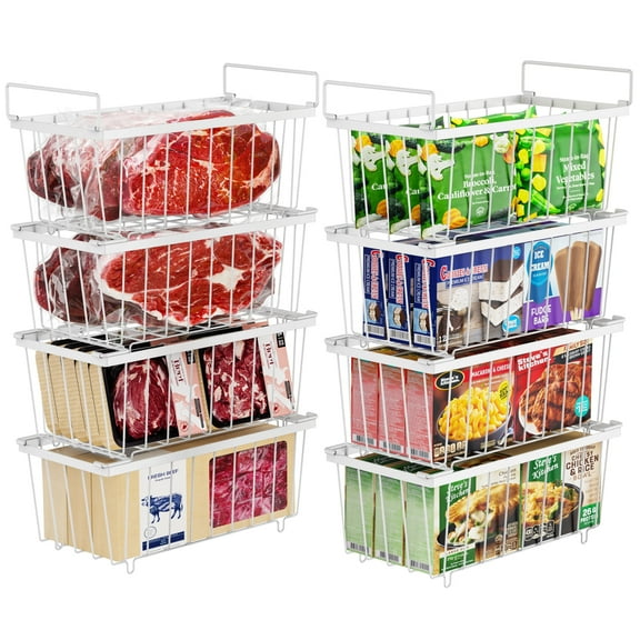 iSPECLE Freezer Organizer Bins - 8 Pack Stackable Freezer Baskets for 7 Cu.FT Chest Freezer Save More Space Chest Freezer Organizer with Handles Easily Sort and Get Food from the Bottom, White