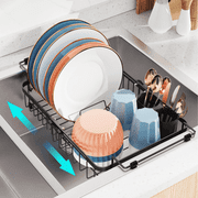 iSPECLE Sink Dish Drying Rack - Expandable Capacity (12.2''-17.3''L) Over Sink Dish Rack, in Sink Dish Drainer for Kitchen Counter with Utensil Holder, Black