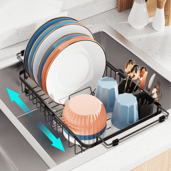 iSPECLE Sink Dish Drying Rack - Expandable Capacity (12.4''-17.1''L) Over Sink Dish Rack, in Sink Dish Drainer for Kitchen Counter with Utensil Holder, Black