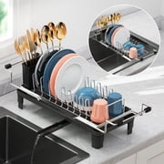 iSPECLE Small Dish Drying Rack for Counter or Over Sink, Stainless Steel Expandable Dish Drainer with Drain Board and 360  Swivel Drain Spout for RV, Camper, 1-2 People, Narrow 6.5" W, Silver