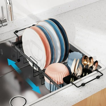 iSPECLE Small Sink Dish Drying Rack, Capacity Expandable Narrow Over Sink Dish Rack, in Sink Dish Drainer for RV Kitchen Counter with Utensil Holder, Fit for 12"~18.3" Sink, Black
