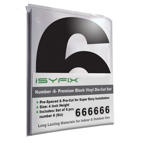 iSYFIX Black Vinyl Number 6 (Six) Stickers - 6 Pack 4 inch Self Adhesive - Decal Die Cut & Pre-Spaced for Mailbox, Signs, Window, Door, Cars, Trucks, Home, Business, Address Number