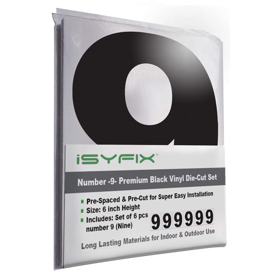 iSYFIX Black Vinyl Number 9 (Nine) Stickers - 6 Pack 6 inch Self Adhesive - Decal Die Cut & Pre-Spaced for Mailbox, Signs, Window, Door, Cars, Trucks, Home, Business, Address Number