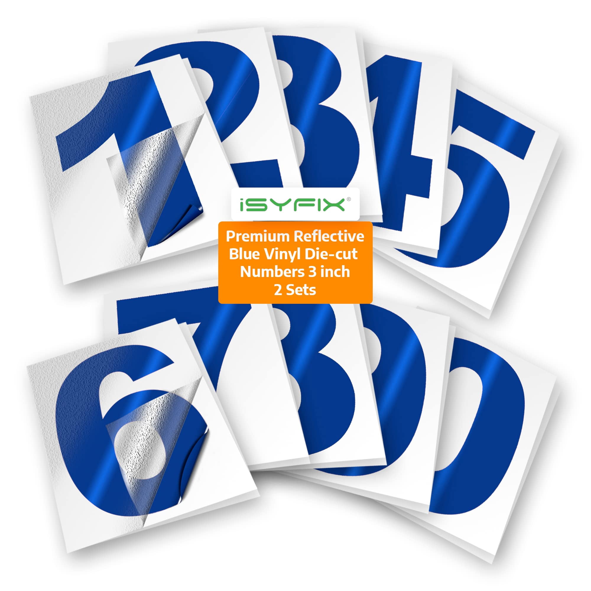 iSYFIX Reflective Blue Vinyl Numbers Stickers – 3 Inch Self