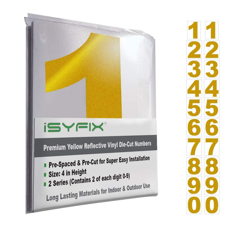 Isyfix Gold Vinyl Numbers Stickers - 4 inch Self Adhesive - 2 Sets - Premium Decal Die Cut & Pre-Spaced for Mailbox Signs Window Door Cars Trucks