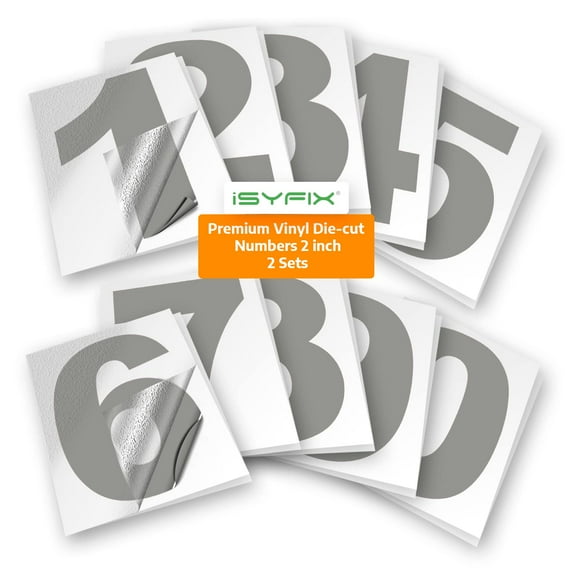 iSYFIX Silver Vinyl Numbers Stickers – 2 Inch Self Adhesive (2 Sets)- Premium Decal Die Cut and Pre-Spaced for Mailbox, Signs, Window, Door, Cars, Trucks, Homes, Businesses, Address Numbers