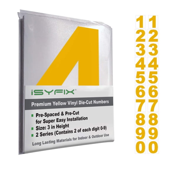 iSYFIX Yellow Vinyl Numbers Stickers – 3 Inch Self Adhesive (2 Sets)- Premium Decal Die Cut and Pre-Spaced for Mailbox, Signs, Window, Door, Cars, Trucks, Homes, Businesses, Address Numbers