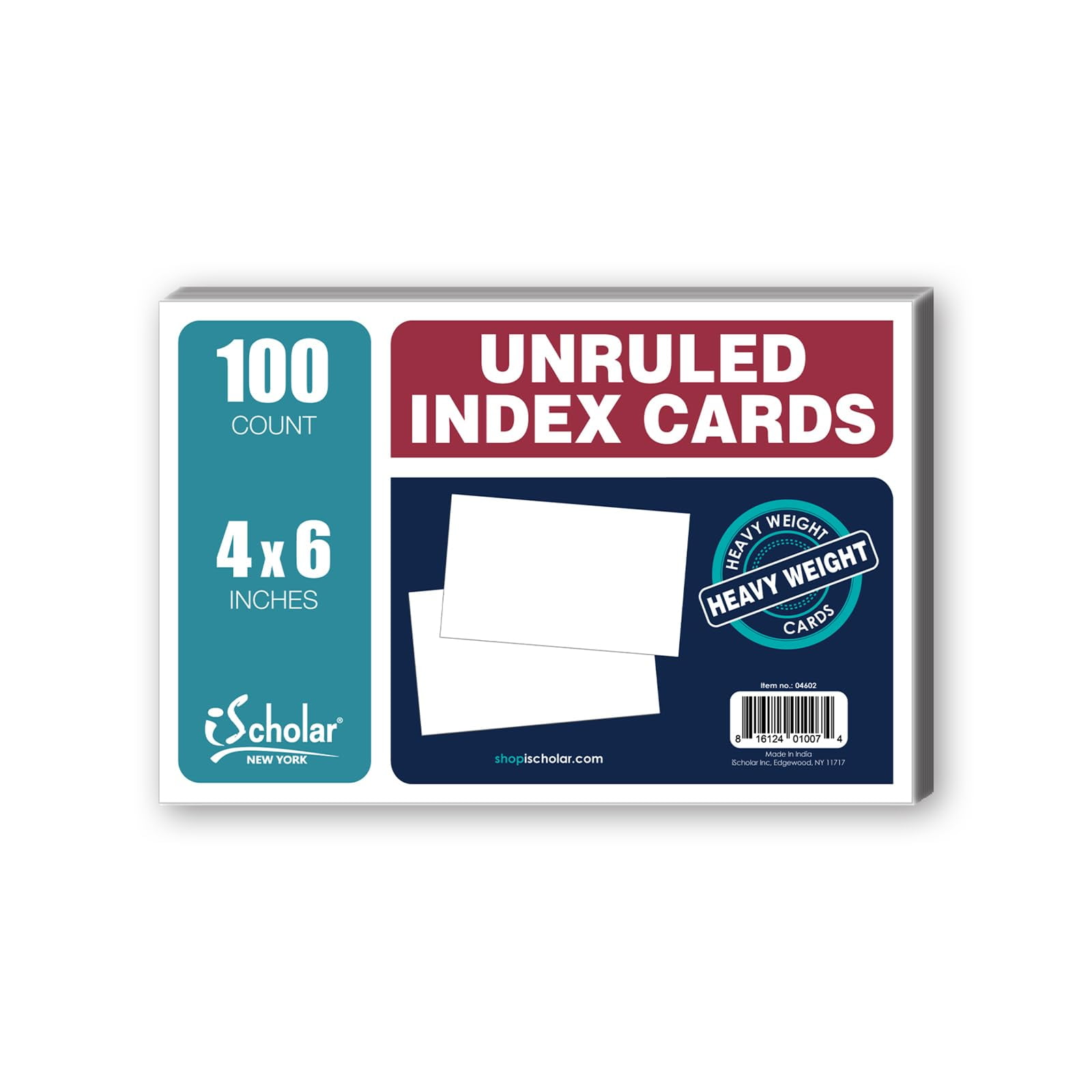 iScholar Index Cards, White, Unruled, 4 x 6 Inches, 100 Card Pack