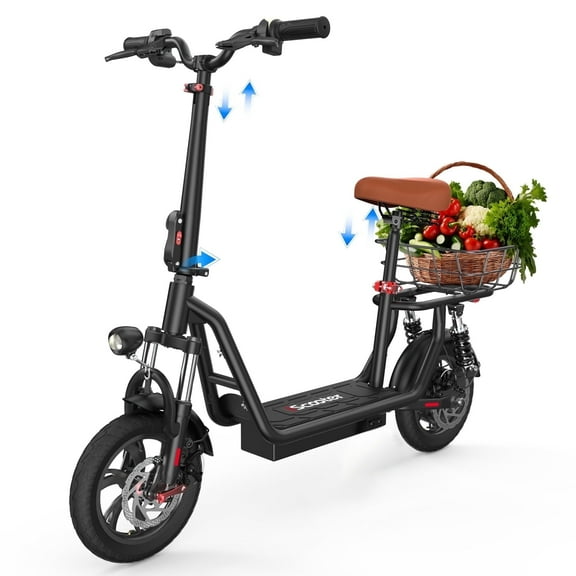 iScooter 500W Electric Scooter with Seat for Adult, 12" Commuter E-Scooter Up to 21 Miles 15.5 MPH with Dual Shock Absorbers and Basket