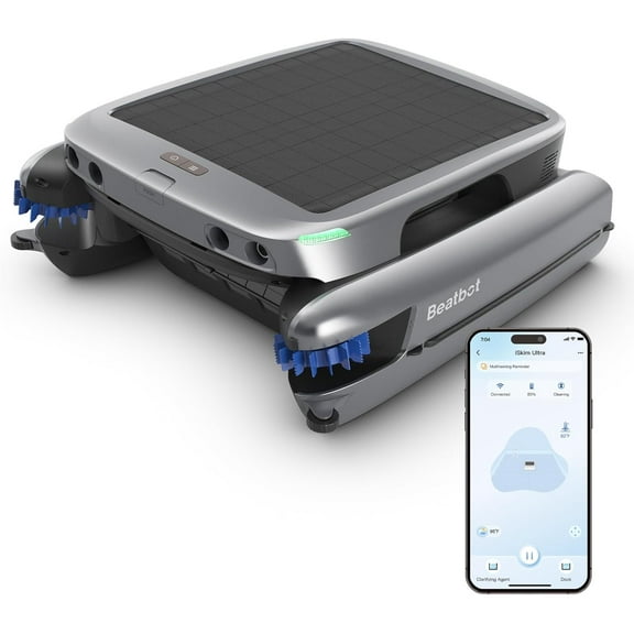 iSkim Ultra Solar Powered Robotic Pool Skimmer - 24/7 Cleaning, Solar & Magnetic Wireless Charging, Water Clarification, Edge & Corner Cleaning, S-Path Optimization, App Control, Dark Gray