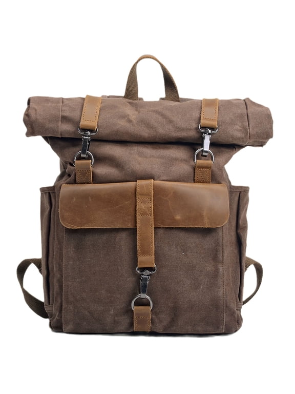 Leather Canvas Roll Top Backpack, Large Laptop Travel Backpack, Anniversary,Back to School, Birthday Gift, Travel Gift