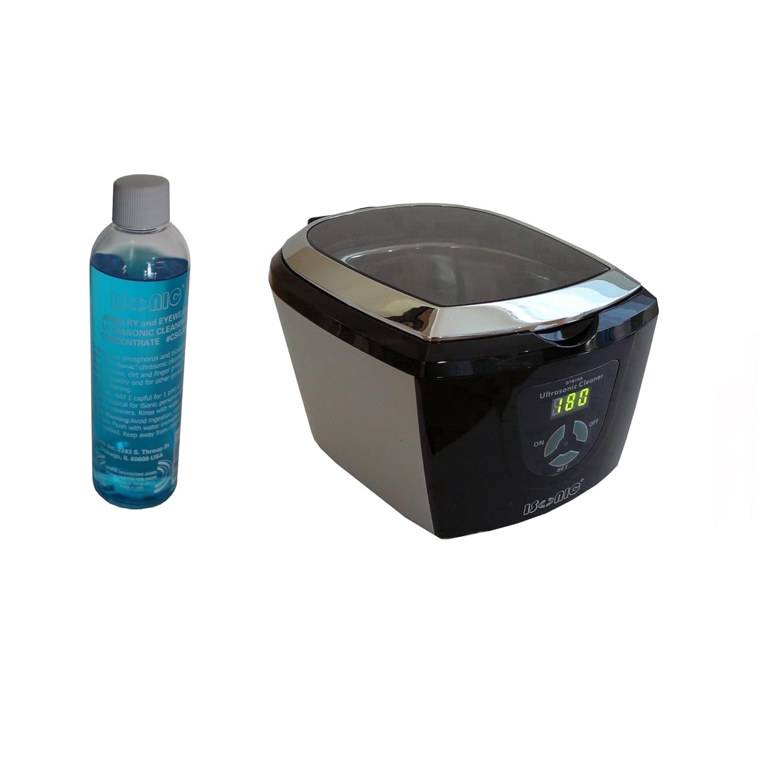 iSonic Ultrasonic Cleaner CD7810A, 0.75 L Stainless Steel Tank, Silver/Black, Includes 8 oz Cleaning Solution