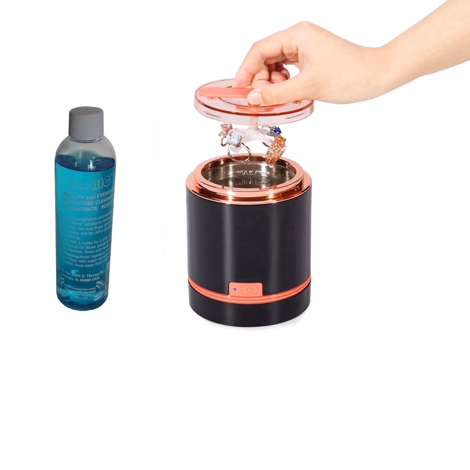 iSonic D1800-BR Ultrasonic Jewelry Cleaner Machine with CSGJ01 Solution for Rings, Necklaces, Watches, and Small Jewelry, Black/Rose Gold