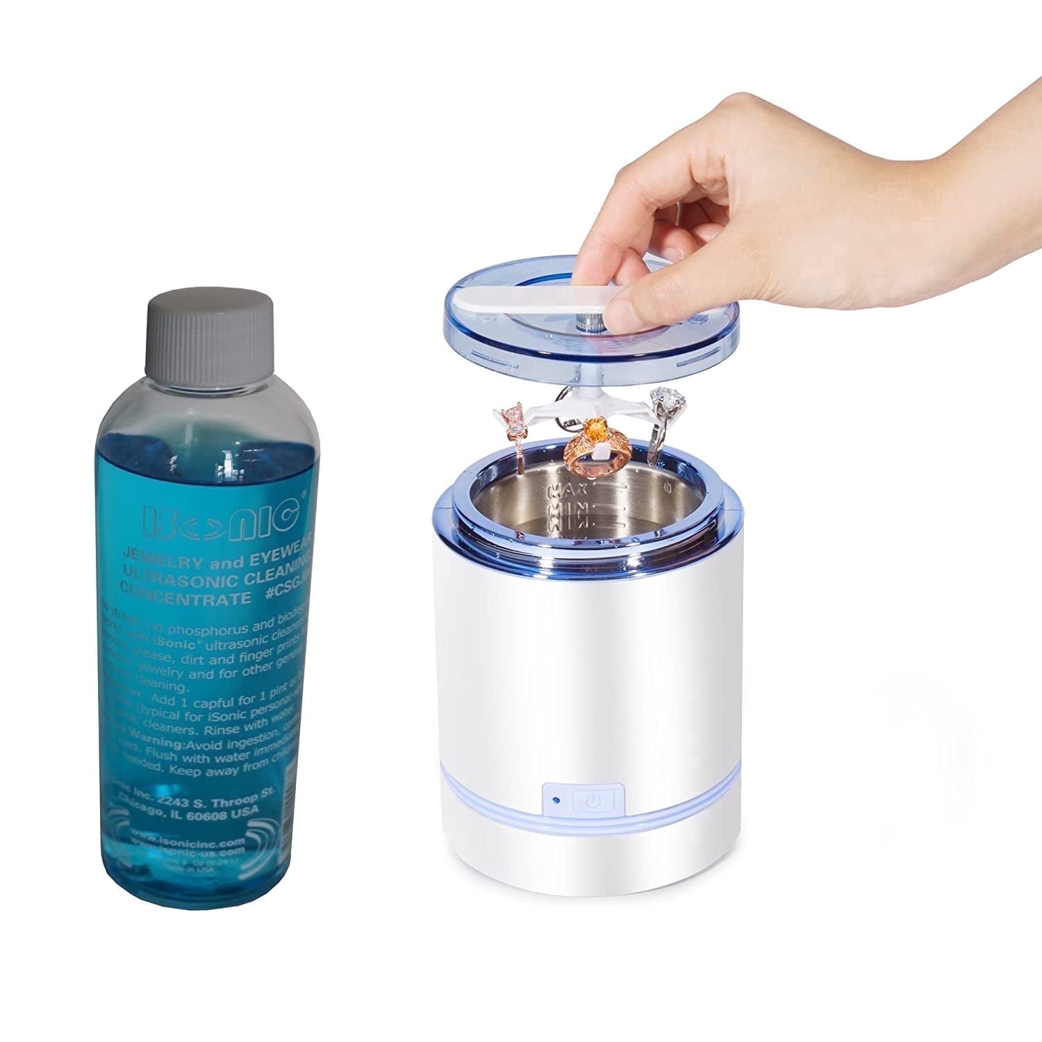 iSonic D1800-WS Ultrasonic Jewelry Cleaner Machine with CSGJ01 Solution for Rings, Necklaces, Watches, and Small Jewelry, White/Sapphire Blue