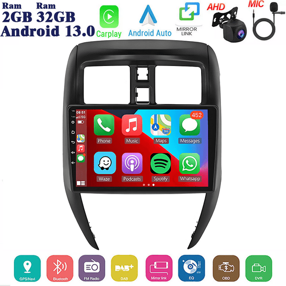 iSpchen 2+32GB Android 13 Car Stereo Radio for Nissan Versa Sedan 2015-2019 with Wireless CarPlay Android Auto Car Navigation with WiFi/GPS,Bluetooth,FM/RDS,SWC,Dual USB+Backup Camera