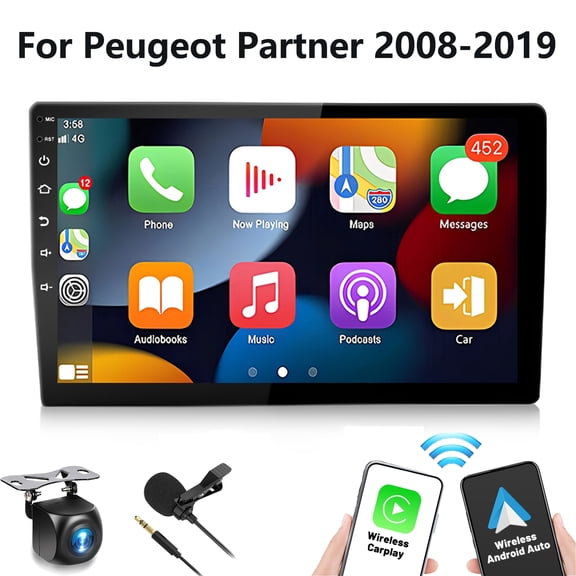 iSpchen 4G+64G Android 13 Car Stereo for Peugeot Partner 2008-2019, 10.1 Inch Touch Screen with CarPlay Android Auto Mirror Link Bluetooth FM GPS WiFi SWC Backup Camera