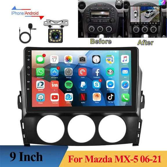 iSpchen 9in Android 13 Car Stereo Radio for Mazda MX-5 2006-2021 with Wireless CarPlay Android Auto Bluetooth FM/RDS WiFi/SWC/Mirror Link GPS Navigation + AHD Backup Camera