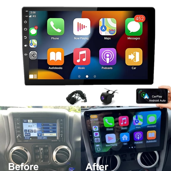 iSpchen Android Car Radio for Jeep Wrangler JK 2007-2010 with Wirelss Carplay Android Auto, 10.1inch Touch Screen Car Stereo, GPS Navigator FM Bluetooth SWC WiFi Backup Camera