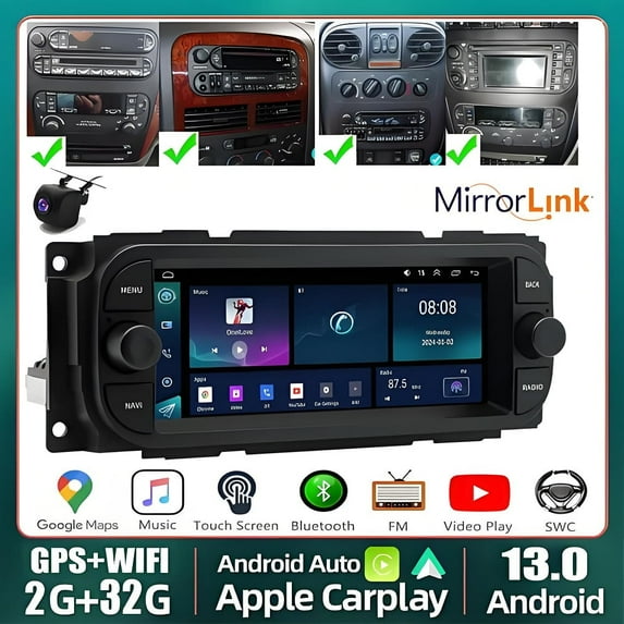 iSpchen CarPlay Android 13 Car Stereo Radio Compatible for Jeep Cherokee Wrangler Chrysler GPS WiFi BT 2+32GB, Android Auto SWC Bluetooth FM RDS DSP