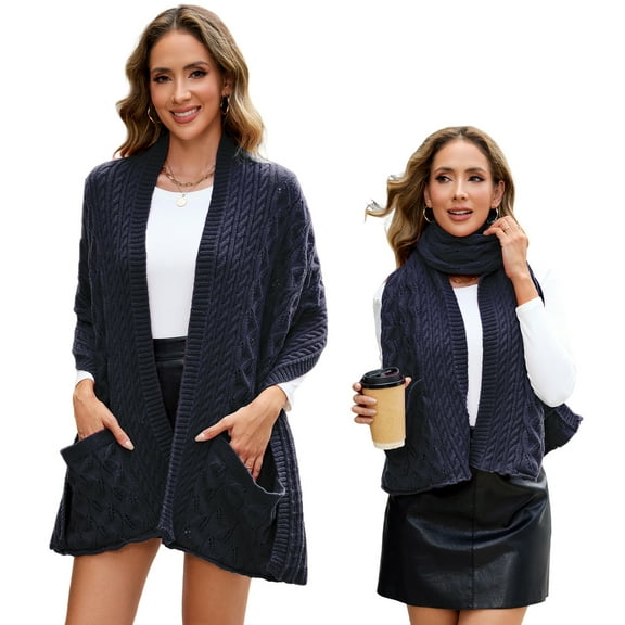 iSpchen Knitted Shawl with Pocket Knit Scarf High Elastic Knitted Yarn Neck Wrap Breathable and Warm Knitted Wool Neck Warmer Wool Neck Scarf for Winter Christmas Commuting Shopping Navy Blue