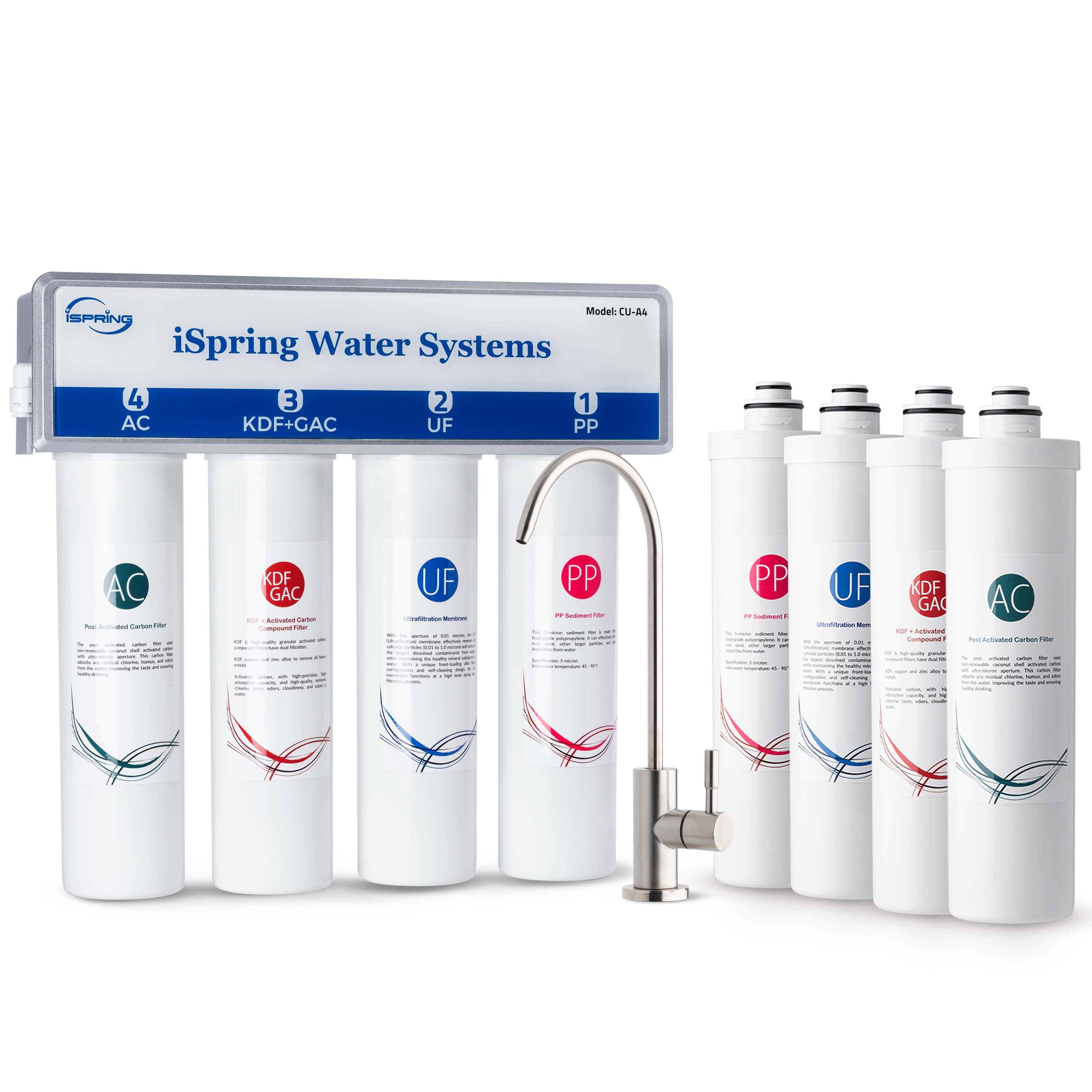 iSpring 4-Stage Ultra Filtration Under Sink Water System, 0.01-Micron, Removes 99.99% Contaminants, Quick Filter Change with Brushed Nickel Faucet, w/Extra Replacement Filter Set (Model: CU-A4)