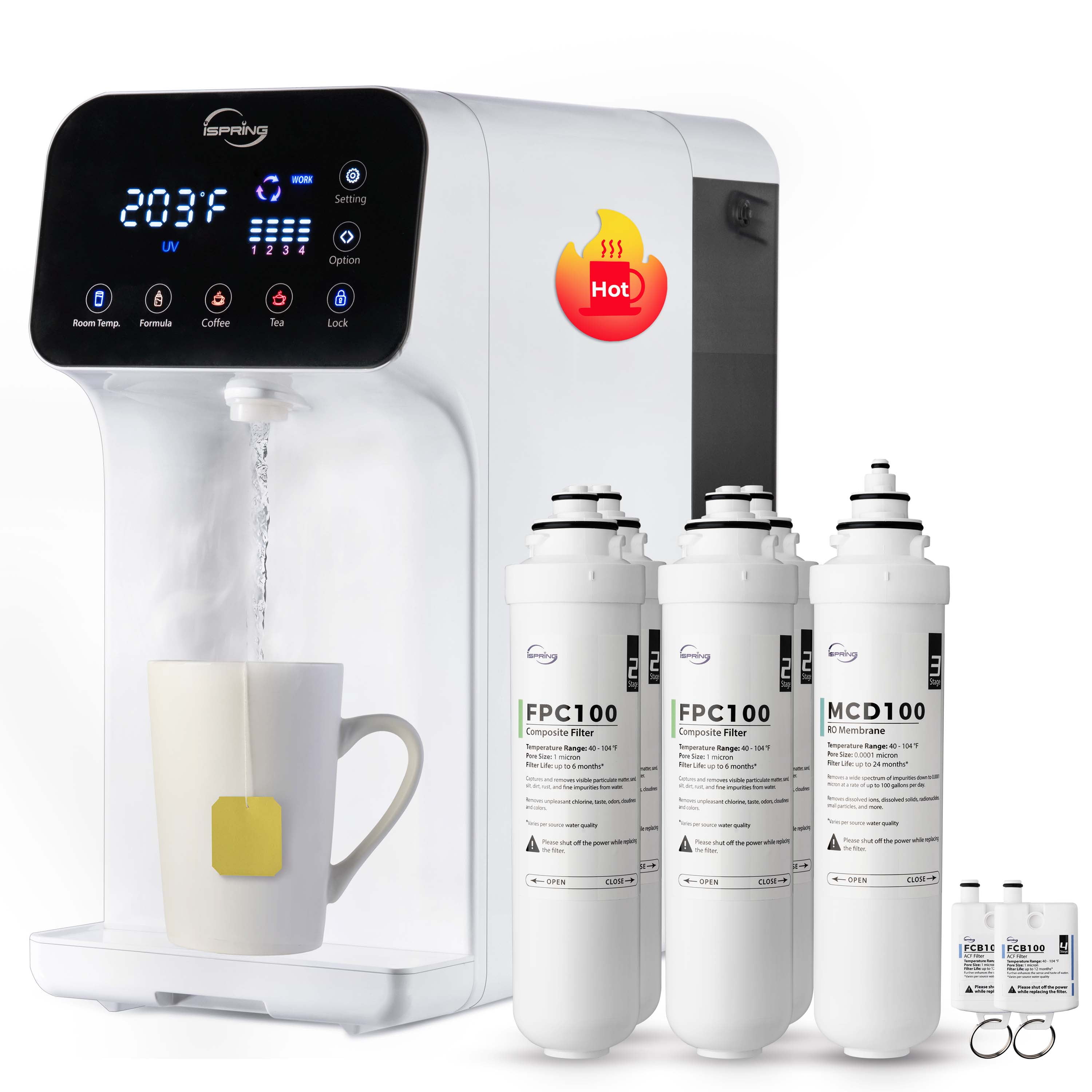 iSpring 5-Stage Countertop Reverse Osmosis Water Dispenser, Instant Hot RO Water, UV Sterilization, Tankless Design, 100 GPD, 2.5:1 Pure to Drain, w/ Extra Filter Set (Model: RCD100)