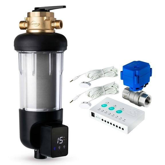 iSpring Auto Flushing Spin-Down Sediment Water Filter with Bypass, 50-Micron Jumbo Size Touch Screen Reusable Prefilter, w/ Auto Shut-Off Leak Detector Alarm System (Model: WSP50ARJ-BP)