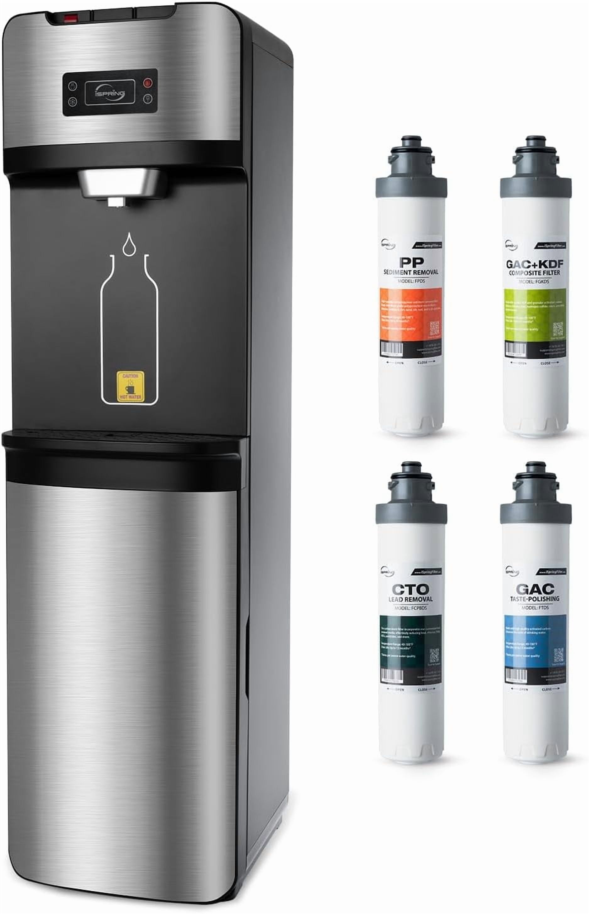 iSpring Bottleless Water Dispenser with 4-Stage Filtration, SGS-Tested 99% of Lead Removal, Water Cooler Dispenser - Hot, Cold, Room Temp, Self Cleaning, Stainless Steel, Silver, Model: DS4S-PB
