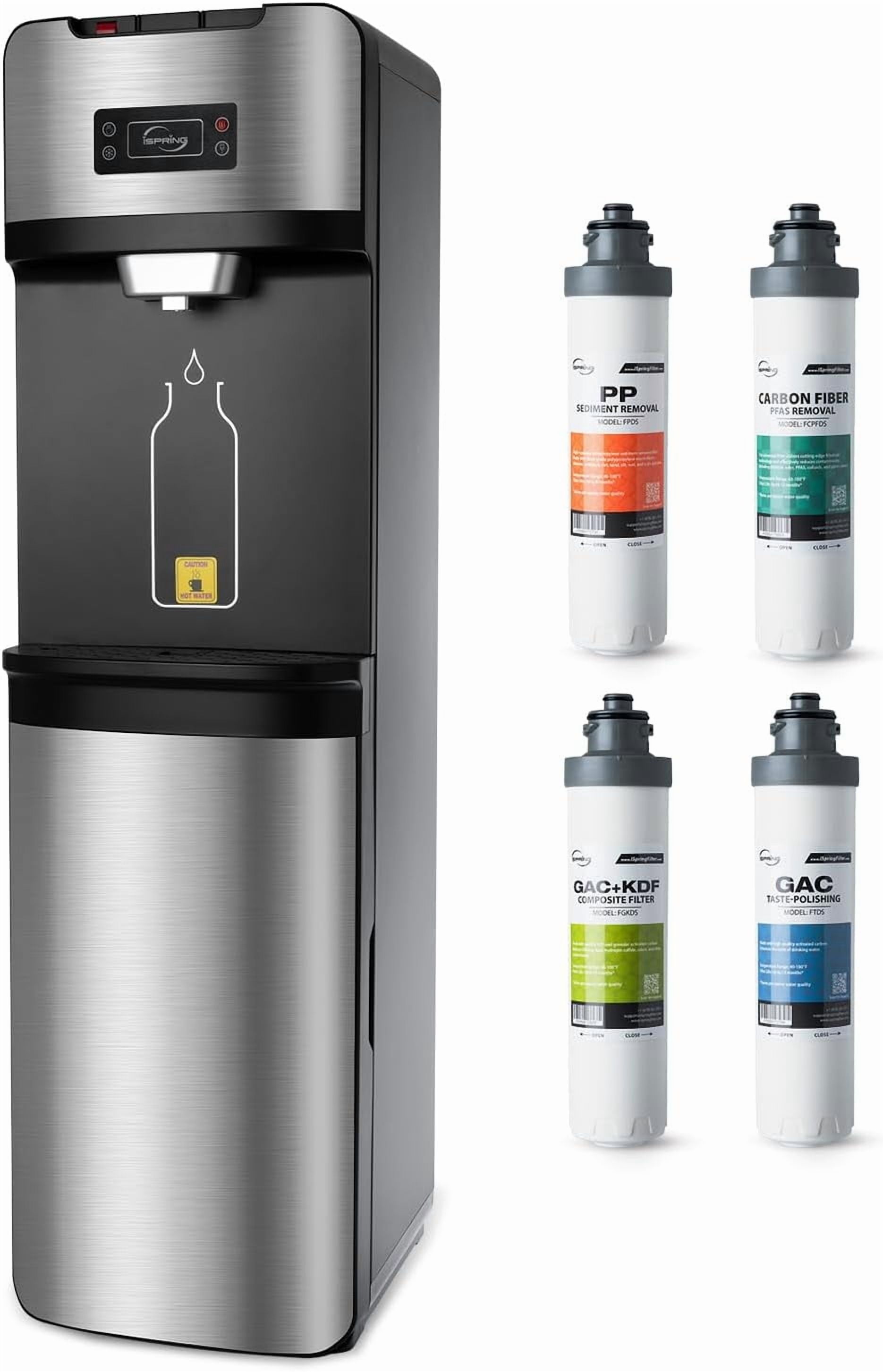 iSpring Bottleless Water Dispenser with 4-Stage Filtration, SGS-Tested 99% of PFAS Removal, Water Cooler Dispenser - Hot, Cold, Room Temp, Self Cleaning, Stainless Steel, Silver, Model: DS4S-PF