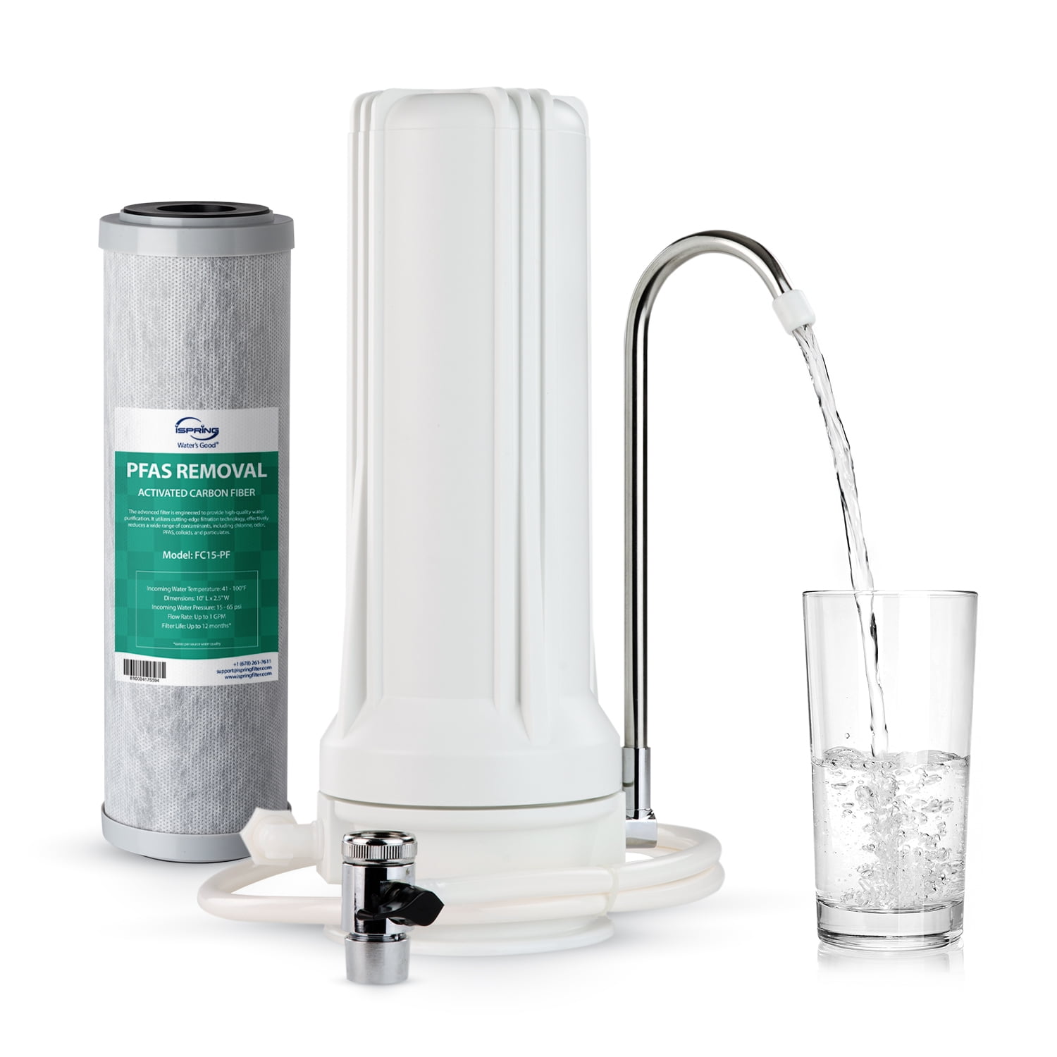 iSpring CKC1-PF 2.5" x 10" Countertop Water Filter, SGS-Tested Filter, Reduces PFAS, Chlorine, Odors - Easy Installation, Fits Most Faucets, Up to 12 Months, White (1 Filter Included)