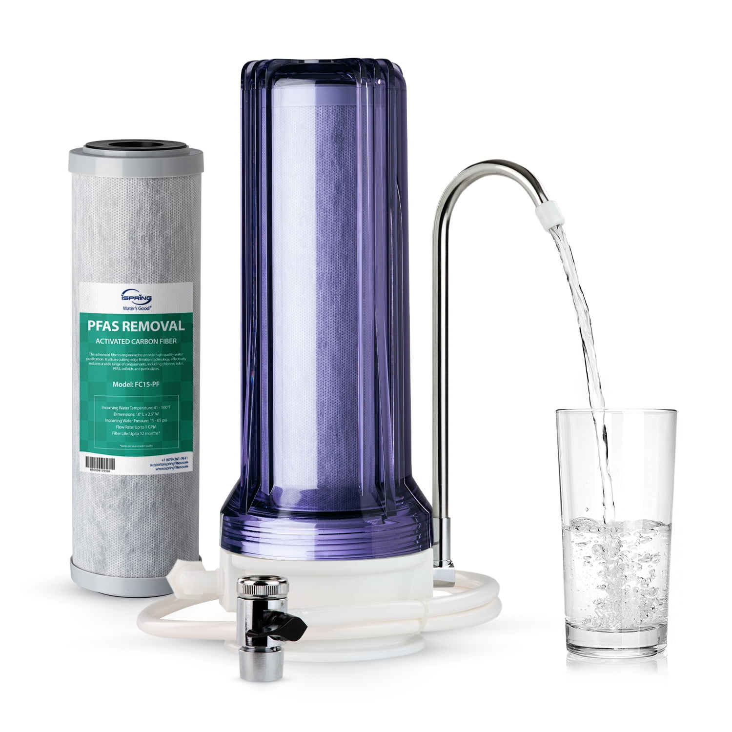 iSpring CKC1C-PF 2.5" x 10" Countertop Water Filter, SGS Tested Filter, Reduces PFAS, Chlorine, Odors - Easy Installation, Fits Most Faucets, Up to 12 Months, Clear (1 Filter Included)