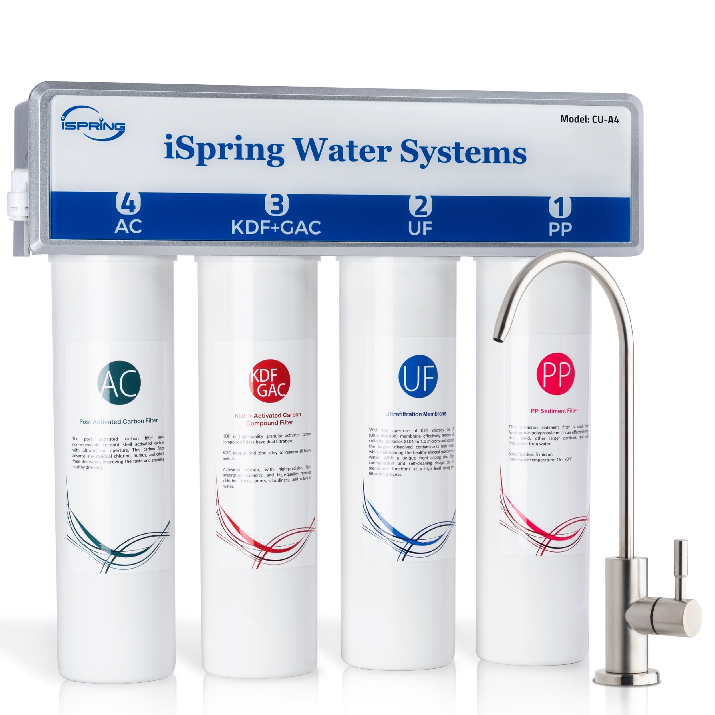 iSpring 4-Stage Under Sink Ultra-Filtration, 0.01 Micron, Removes 99.99% Contaminants,  Quick Filter Change with Brushed Nickel Faucet, White, Model: CU-A4