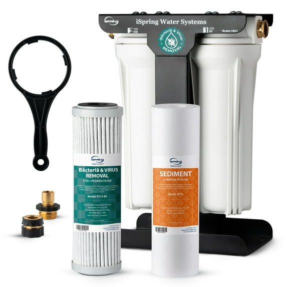 iSpring CW21-BV 2-Stage RV Water Filtration System for Campers, SGS-Tested Báctérïa and Viruses Removal, BPA-Free, High Capacity, 3/4'' Lead-Free Brass Hose Quick Connectors, Tankless