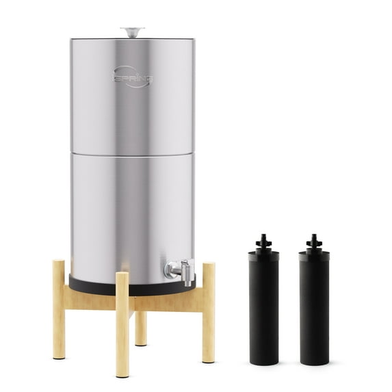iSpring DGF2-NW Gravity-Fed Stainless Steel Countertop Water Filter System with Natural Wood Base,3.17 Gallons with 2 Activated Carbon Water Filters,Chlorine Reduction,Portable Water Filter