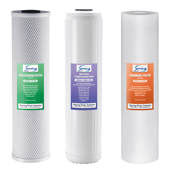 iSpring F3WGB32BDS 4.5 x 20 3-Stage Whole House Water Filter Replacement Pack with Sediment, Polyphosphate Anti-Scale, and CTO Carbon Block Water Filters, Fits WGB32B-DS