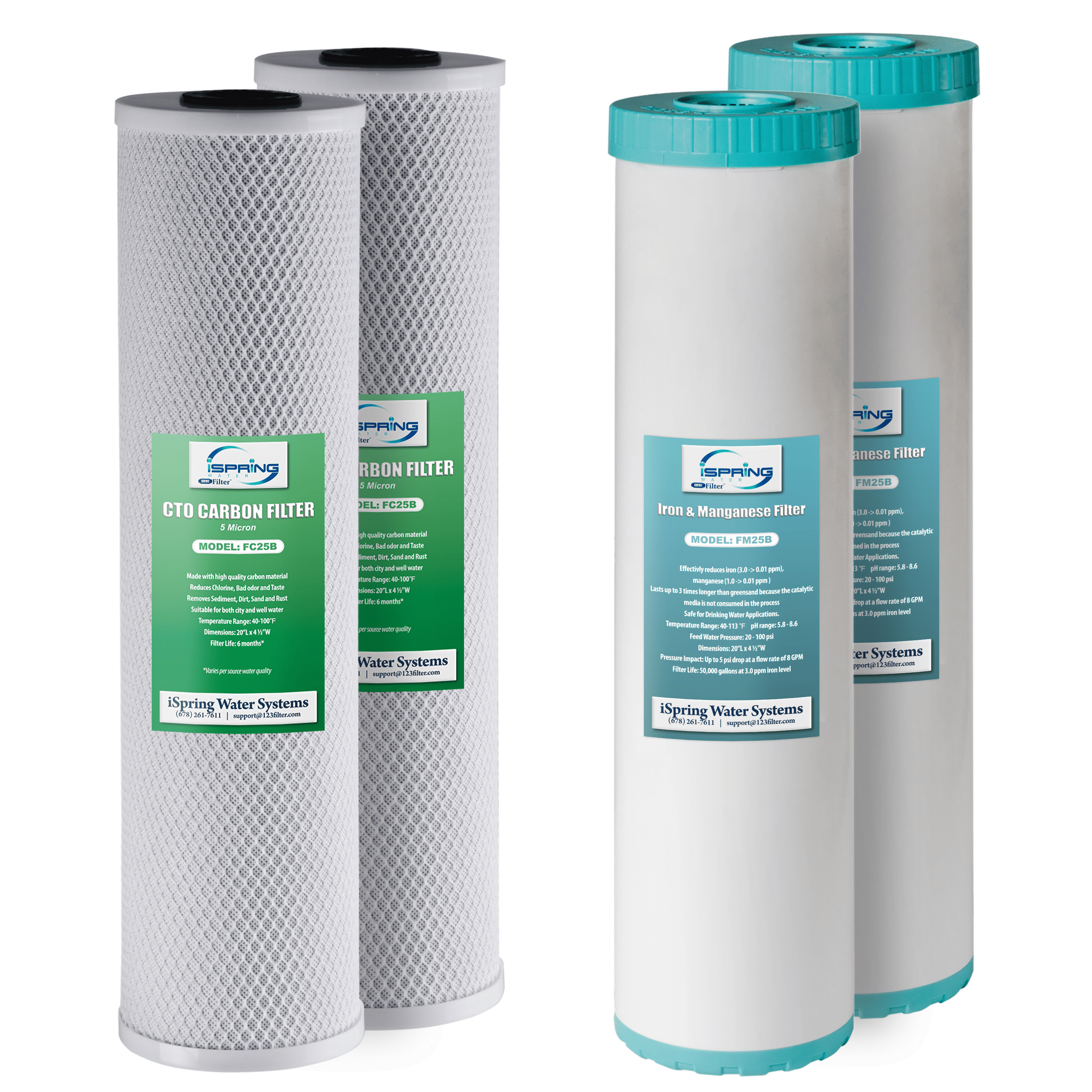 iSpring F4WGB22BM 4.5 x 20 2-Stage Whole House Water Filter Set Replacement Pack with CTO Carbon Block and Iron & Manganese Reducing Cartridges, Fits WGB22BM, 1 Count (Pack of 1), White