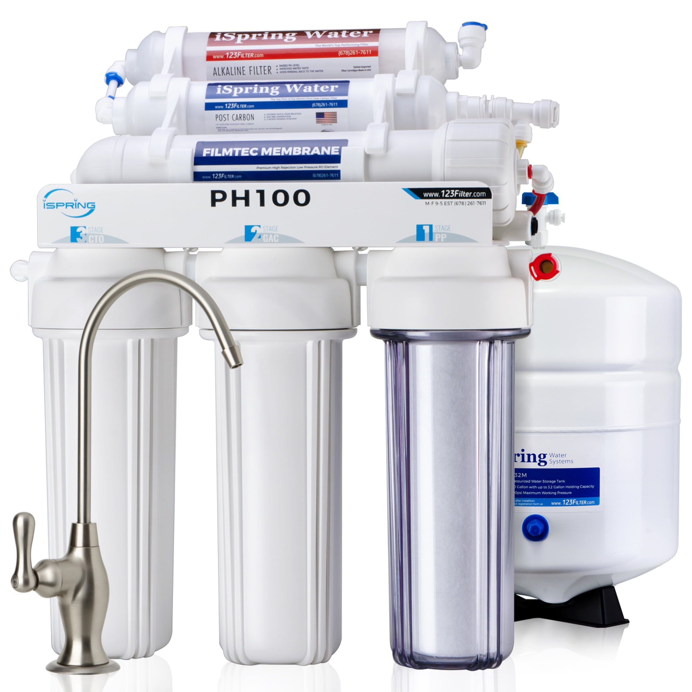 iSpring PH100 pH+ 6-Stage Under Sink Reverse Osmosis RO Drinking Water  Filtration System 100 GPD Fast Flow 1:1 Pure to Waste Ratio with Alkaline