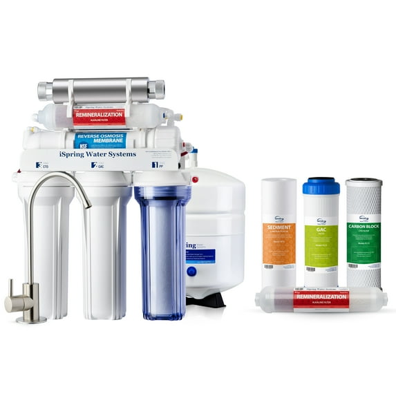 iSpring RCC7AK-UV 7-Stage Alkaline UV RO Water Filtration System w/F4AK 6-Month Replacement Filter Pack, NSF Certified, Under Sink Drinking Water Purifier Bundle