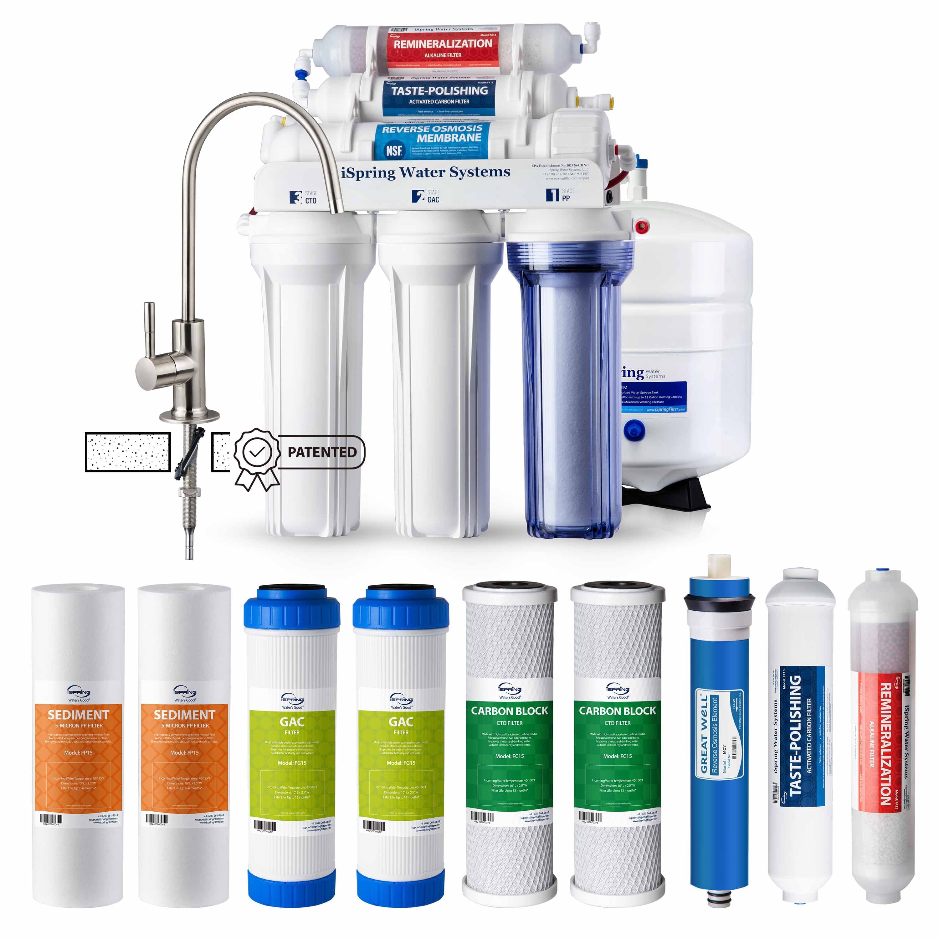 iSpring RCC7AKF3 Value Pack, Alkaline 6-Stage Under Sink Reverse Osmosis Water Filter System, Patented Easy-Mount Faucet for Effortless Installation, Additional 3 Pre-Filters Included