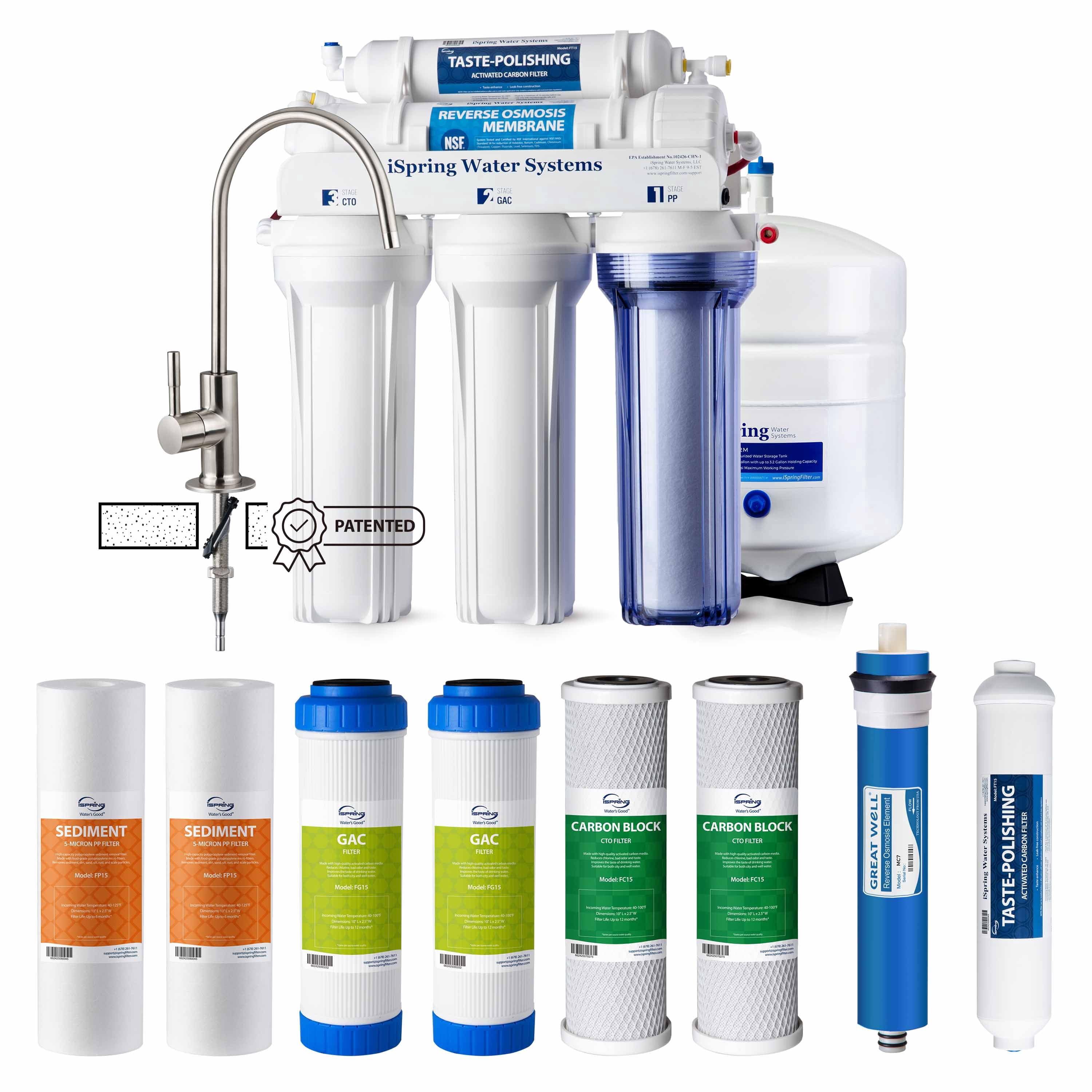 iSpring RCC7F3 Value Pack, 5-Stage Under Sink Reverse Osmosis Water Filter System, Patented Easy-Mount Faucet for Effortless Installation, Additional 3 Pre-Filters Included