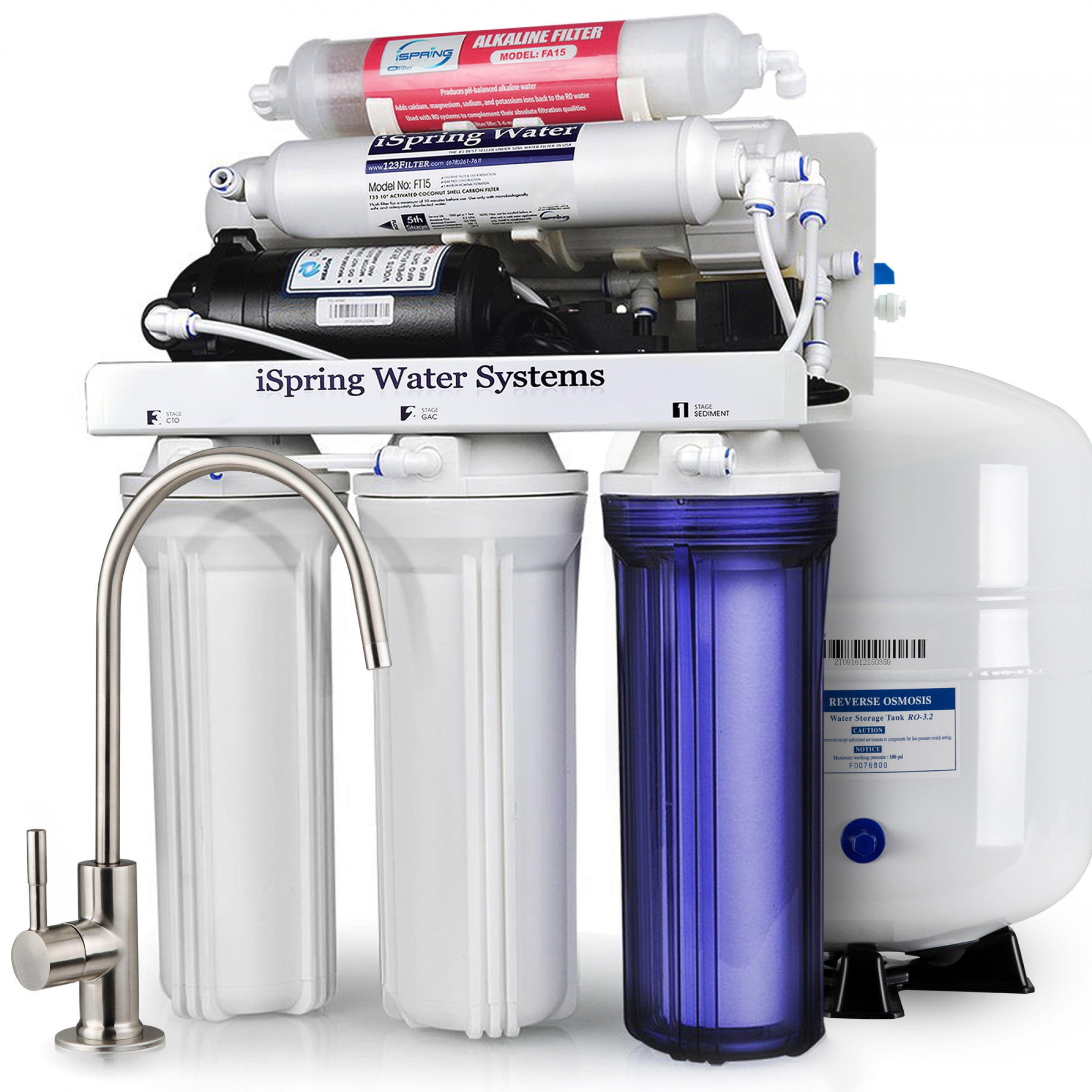 ISPRING WATER SYSTEMS iSpring RCC7P-AK 6-Stage Reverse Osmosis System Under Sink with Alkaline Water Filter and Pump, pH+, 75 GPD, TDS Reduction, RO Drinking Water Filtration System