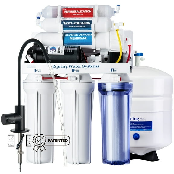 iSpring RCC7P-AK-BLK, 6-Stage Alkaline Reverse Osmosis System with Booster Pump, Up to 2:1 Pure to Drain RO Water Filtration System, Sleek Black RO Faucet, TDS PFAS Microplastic Removal