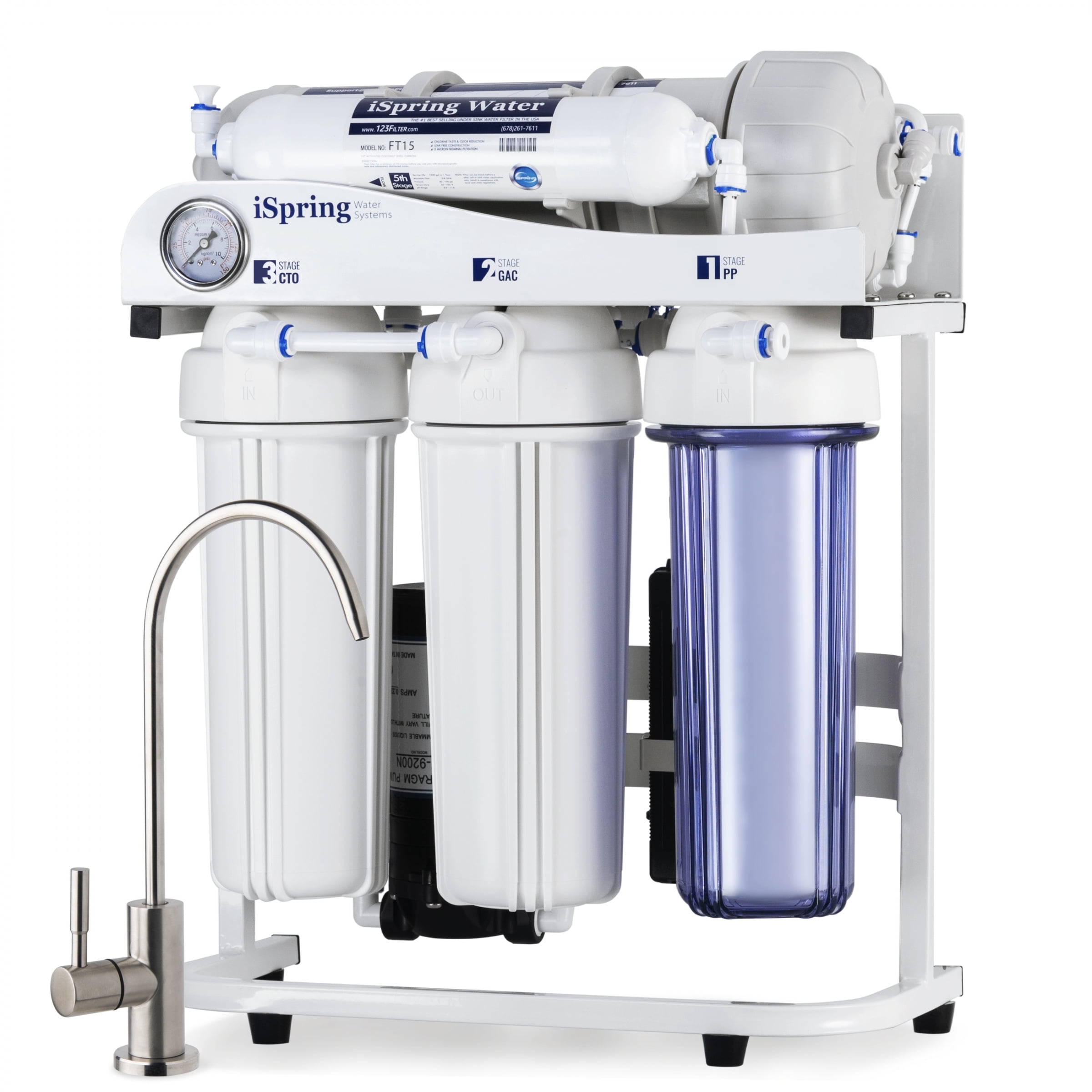 ISPRING WATER SYSTEMS iSpring RCS5T 500 GPD Grade Commercial Tankless Reverse Osmosis RO Water Filter System with 1.5:1 Drain Ratio, Pressure Gauge