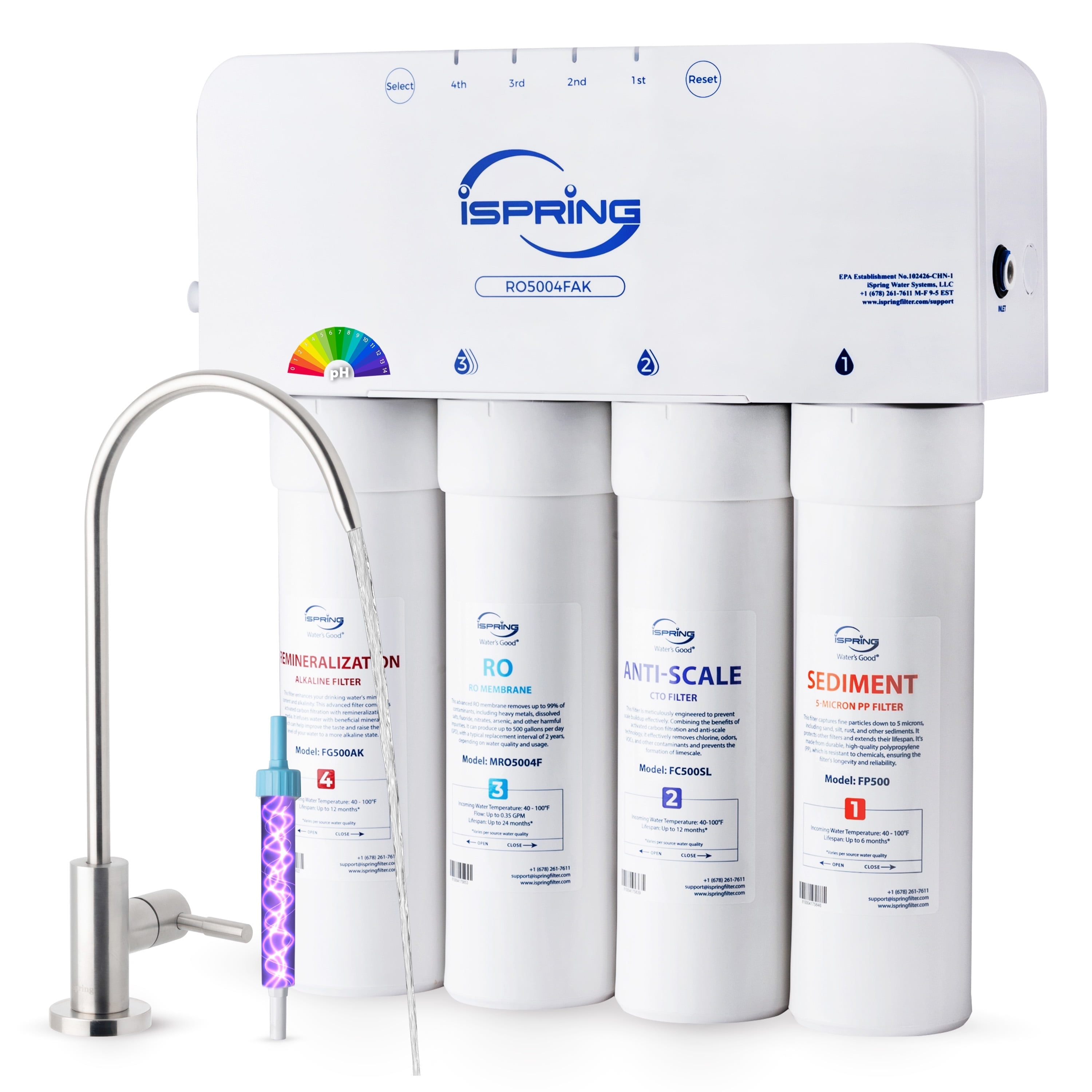 iSpring RO5004F-AK Alkaline Reverse Osmosis Water Filter with UV, 500 GPD, pH+, 2:1 Pure to Drain, Tankless Remineralization RO System Under Sink with Boost Pump, Filter Life Monitor